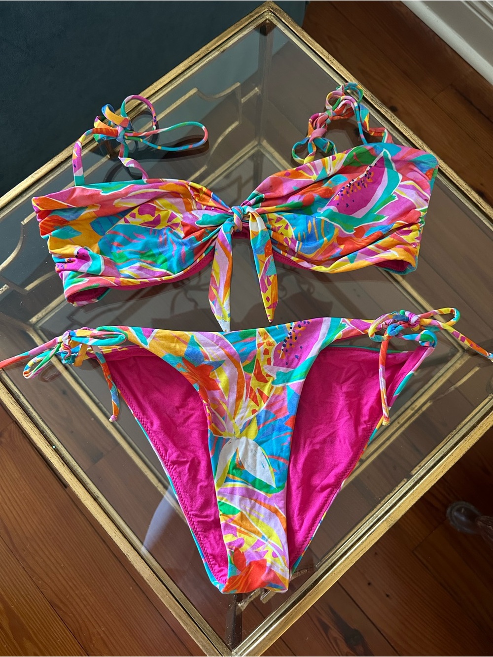 Tie-Front Multicolor Floral Bikini Set - Pink Accent